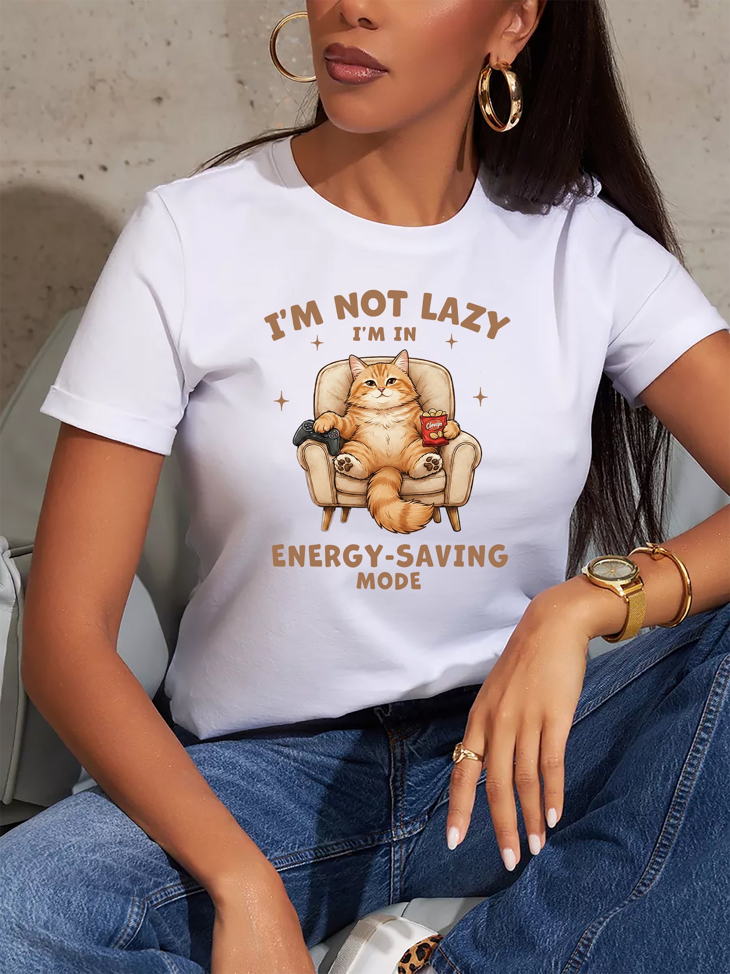 Funny Lazy Cat Shirt, Energy Saving Mode T-Shirt, Gift for Cat Lovers, WFH Cat Mom Tee, Ginger Tabby Cat Sarcastic Shirt, Relatable Pet Humor Top