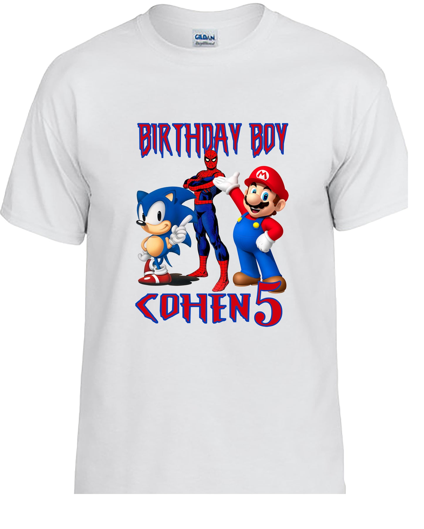 Mario, Sonic, and Spiderman Personalized Birthday Shirt, Sonic, Mario, Spiderman, Cartoons.