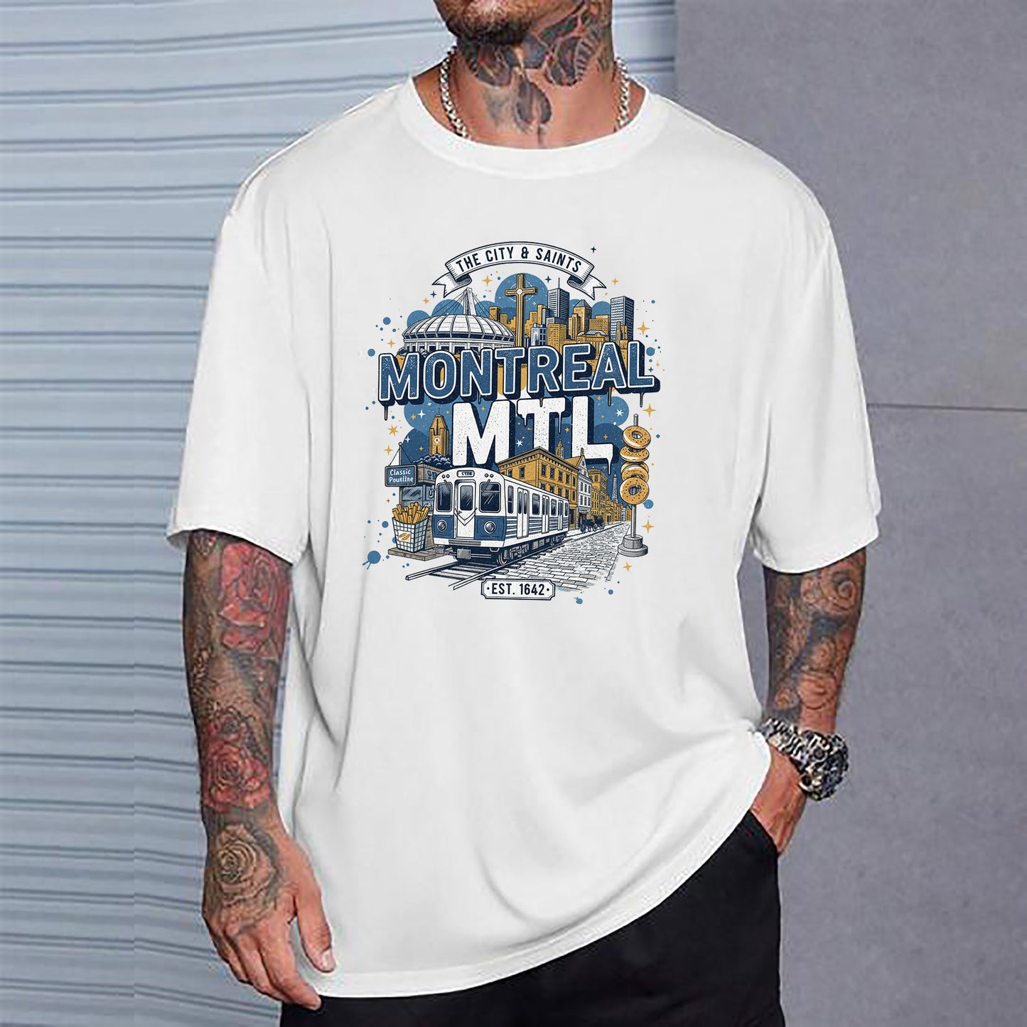 Shirt - The City of Saints Retro Graphic Tee - Vintage Montreal Canada Souvenir Shirt - Montreal Metro & Skyline Apparel