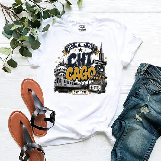 Chicago Illinois Souvenir T-Shirt | Navy & Gold Windy City Graphic Tee | Gift for Chicagoans.