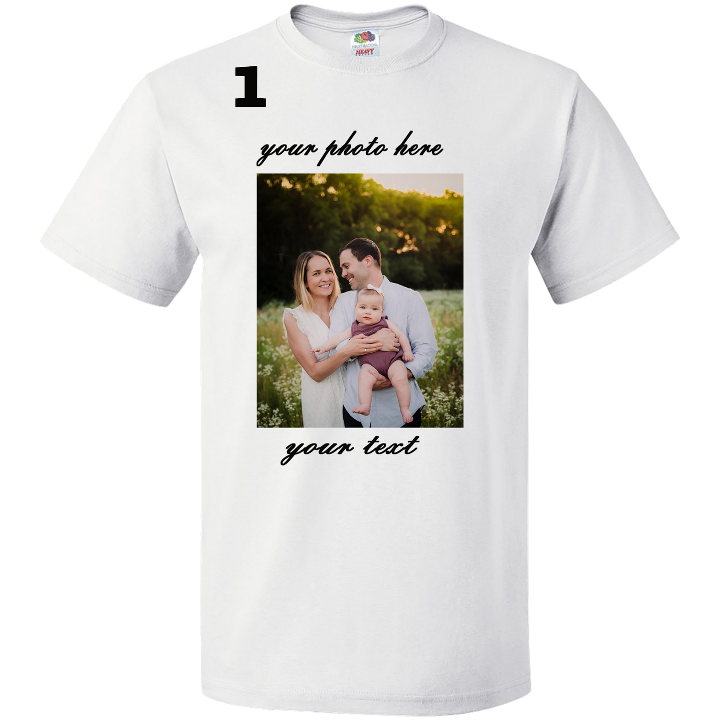 Family photo with text on the bottom ( send us the photo you want on T-shirt).